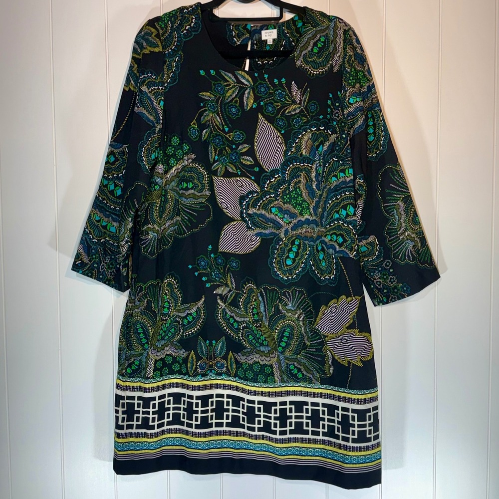 Crown & Ivy Womens Size 16 Paisley Floral Shift Dress Pockets 3/4 Sleeve Black